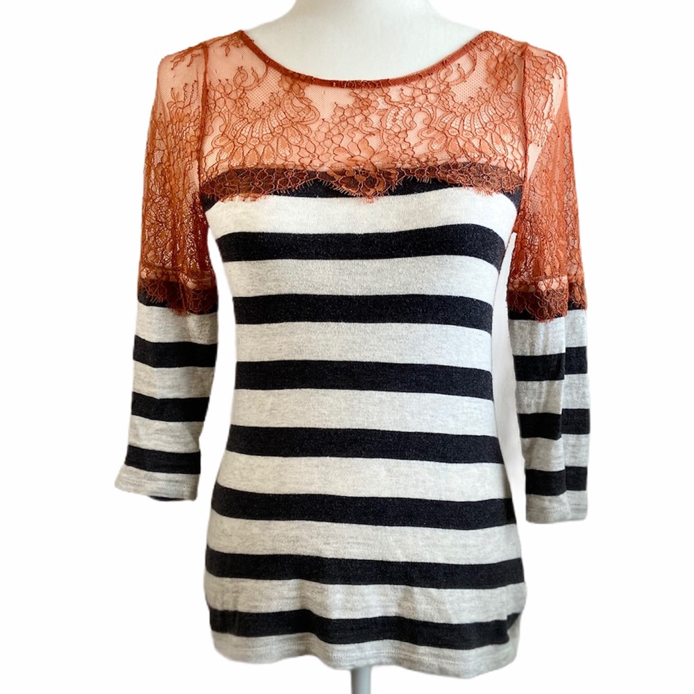 Anthropologie Deletta Orange Lace Stripe Top  XS